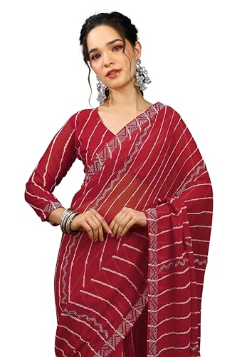 Image of MIRCHI FASHION Saree for Woman Georgette Solid with Satin Stripes | Stone Border Farewell and Ceremonial Sari with Blouse Piece