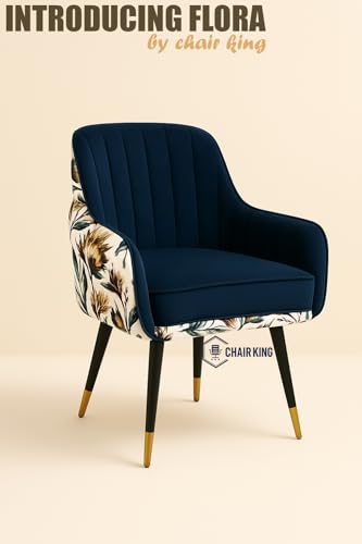 Image of Designer Accent Chair with Floral Printed Back & Footstool | Velvet Lounge Chair for Living Room, Makeup Vanity & Bedroom (Blue Floral Set)