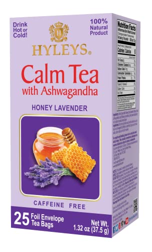 Hyleys Calm Tea with Ashwagandha - Lavender & Honey Flavor - Caffeine-Free, 100% Natural Herbal Tea - 25 Tea Bags - Aswagandha with Lavender and Honey - 25 Count (Pack of 1)