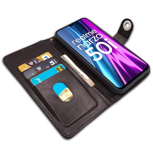 Image of Pikkme Realme Narzo 50i Flip Cover | Genuine PU Leather Finish | Full 360 Protection | Wallet Style | Inbuilt Pockets & Stand | Strong Button Closure Magnetic Flip Case for Realme Narzo 50i (Coffee)