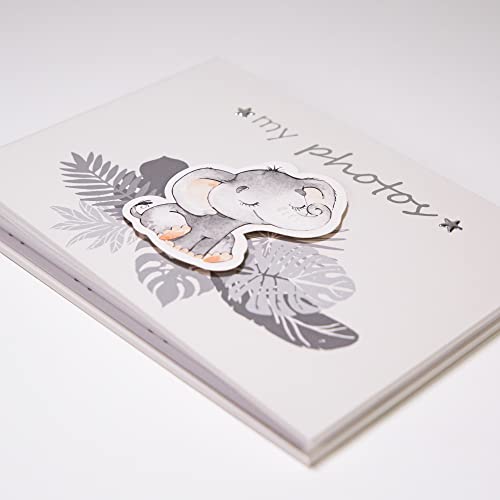Happy Homewares Cute Baby Elephant Photo Album Grey with Silver Stars and Palm Leaves - Image 4