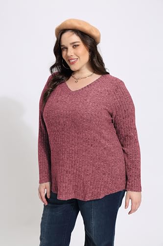 Image of RITERA Plus Size Sweater, Ribbed Long Sleeve Solid Top for Women | Soft vertical ribbed knit, modest V neck, loose long sleeves, curved swing hem, slimming casual layering top for curvy women