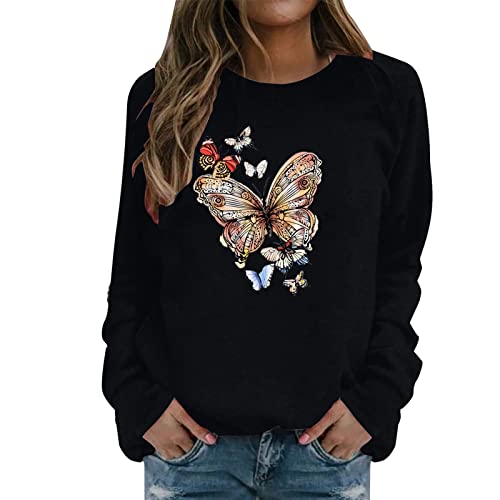 Sweatshirt femme noir col rond imprimé pull manches longues vêtement sport