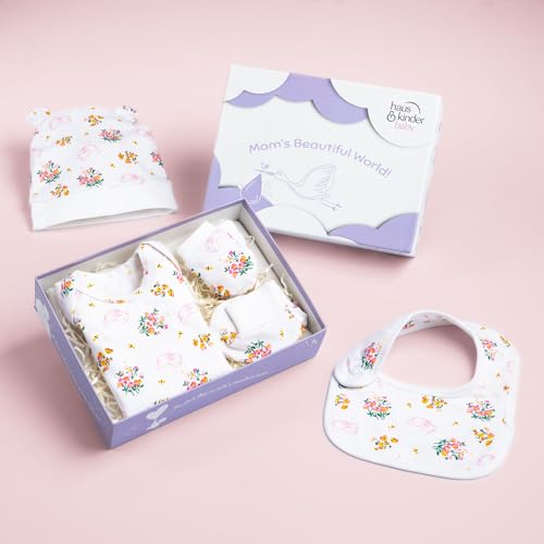 Image of Haus and Kinder Baby Gift Set - Pack of 5: Ultimate Newborn Bundle with Onesie, Bib, Cap, Mittens & Booties - Perfect Essentials for Infants | Hippity Hop