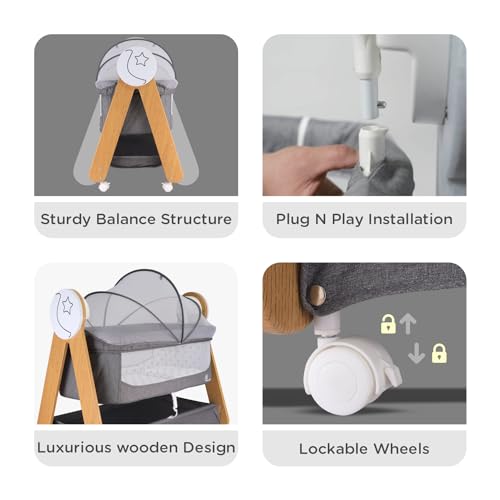 R for Rabbit Lullabies Woodsy 2 in 1 Electric Baby Cradle Convertible Cot/Bassinet with Automatic Swing, Music, Bluetooth and Smart Timer, Lockable Wheels & Storage Space for 0-12 Months Kids (Grey)
