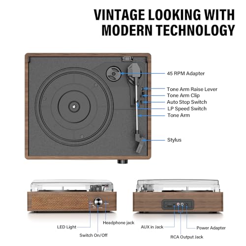 Image of Vinyl Record Player Turntable with Built-in Bluetooth Receiver & 2 Stereo Speakers, 3 Speed 3 Size Portable Retro Record Player for Entertainment and Home Decoration