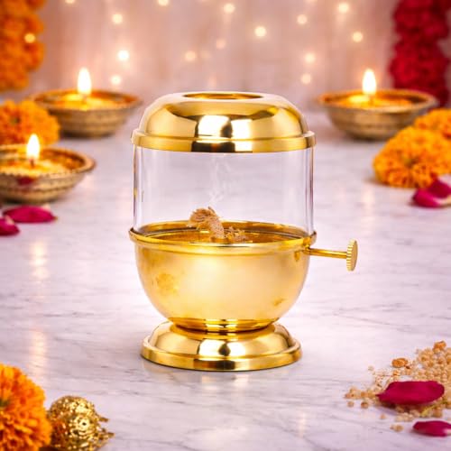 Image of Brass akhand Diya, Medium Size 150ml | 6 Long Wicks Included | with Wick-Lifting Screw Lever & Borosilicate Glass - Long Burning Oil lamp for Pooja | deepam for mandir, Home Temple