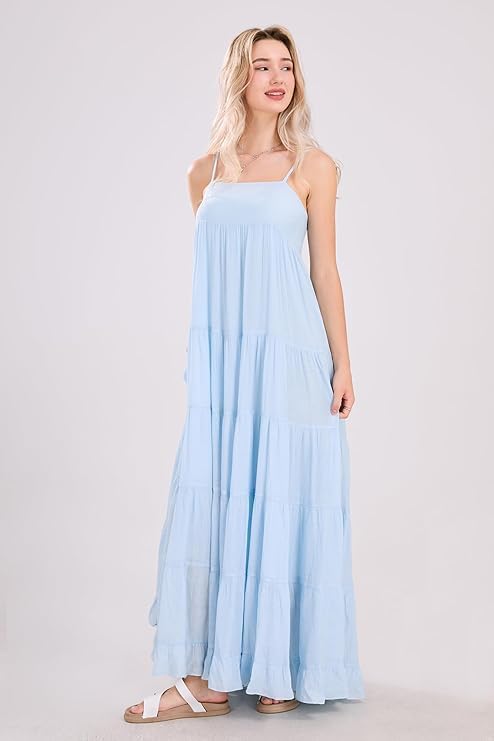 utcoco Women's Spaghetti Straps Maxi Dresses Back Smocked Sleeveless Tiered Swing Flowy Boho Long Sundress - Image 7