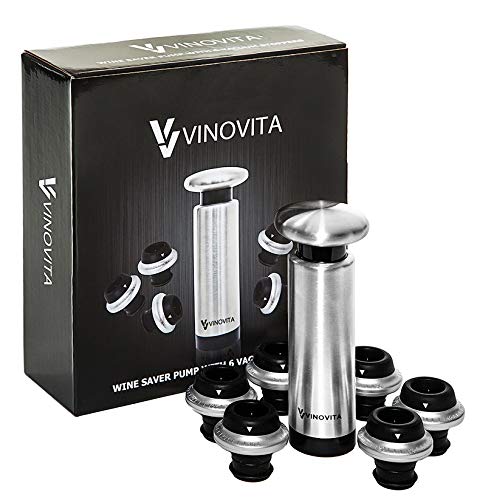 VINOVITA Wine Saver Pump with 6 Vacuum Stoppers – Wine Stopper Vacuum Set – Premium Quality Stainless Steel – Date Markers on Bottle Stoppers – Fresh Wine Up to 7 Days
