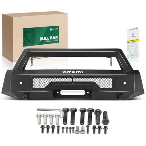 Image of YHTAUTO Bull Bar Push Bar with Skid Plate Light Mount Fit Ford Ranger 2019 2020 2021 2022 2023, Heavy Duty Steel Brush Guard for Truck Front Bumper Style A Textured Black Off Road Accessories