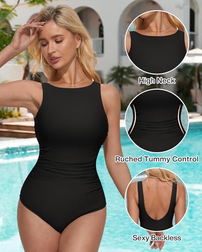 SUUKSESS Women One Piece Ruched Swimsuit Tummy Control Backless Bathing Suit2