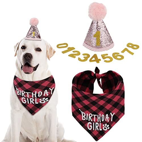 Bahaby Dog Birthday Party Supplies, Birthday Girl Dog Bandana Dog Puppy Birthday Bandana Triangle Scarf And Dog Birthday Hat With Number (Pink) #TOP6