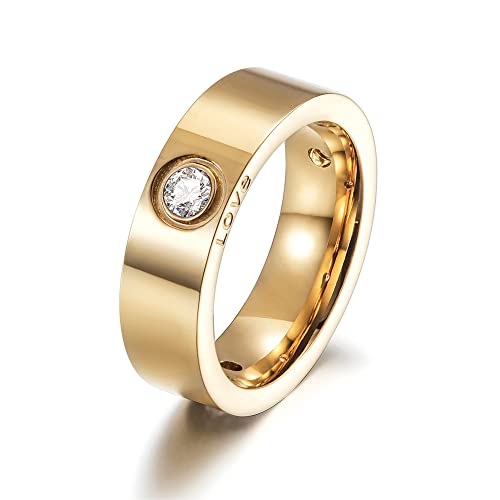 14K Gold Plated Band Rings for Women, Solitaire Rings with CZ, 316L Stainless Steel Chunky Cubic Zirconia Enhancer Ring, Trendy LOVE Engraved Rings