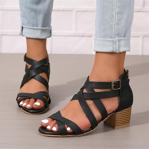 Women's Black Stacked Heeled Cutout Sandals Ankle Buckle Chunky Heel Open Toe Booties Summer Fashion Dress Block Heel Sandal2