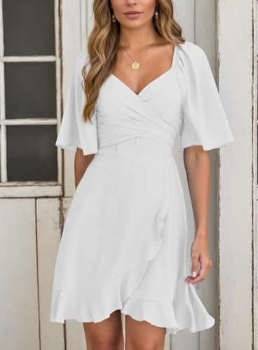 Image of Dokotoo Women's Wrap V Neck Short Flared Sleeve Wedding Guest Dress Smocked Elastic Waist Tiered Belted Ruffle Hem Mini Dress