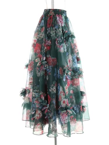 Women Elastic Waist Flower Printed Tulle Skirts Layered Flowy Ball Gown Skirt Fairy Mesh Midi Skirt2