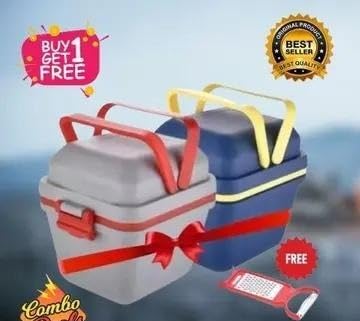 Image of Airtight Lunch Boxes Set - Buy 1 Get 1 Free + Free Pillar | 3-Compartment Tiffin with Handle & Push Lock | Plastic Lunch Boxes for Kids, Office & Travel (Blue & Grey) Lunch box 011 blue&grey