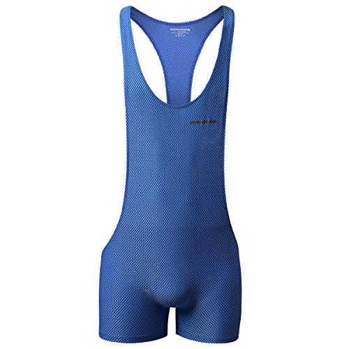 QiaTi Mens Athletic Supporters Breathable Wrestling Boxers One Piece Bodywear Jumpsuit Underwear Singlet Basic Layer Leotard (Blue, L)