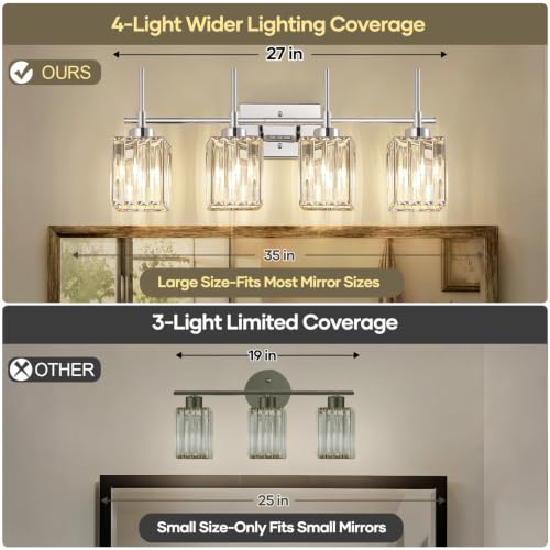 Image of Torondo Modern Crystal Bathroom Vanity Light 4-Lights Chrome Bathroom Light Fixtures Over Mirror Vanity Lighting Fixtures Gold Square Shade Wall Sconce (Bulbs Not Include)