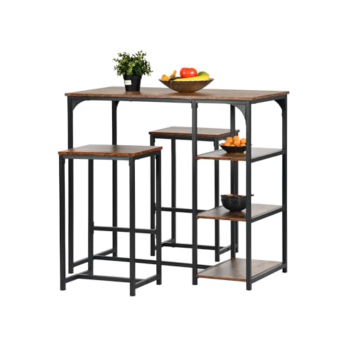 FurnitureR - Juego de 3 bistros, 1 bar mesa + 2 altas, mesa de desayuno con 3 bolsas de almacenamiento, metal marco, industrial rústico marrón, para balcón compacto, cocina y comedor, 100 x 50 x 90 cm