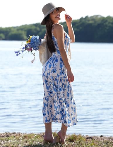 Image of Zeagoo Womens Summer Long Dress Adjustable Spaghetti Strap Floral Casual Dress with Pockets Flowy Tiered Beach Sundress