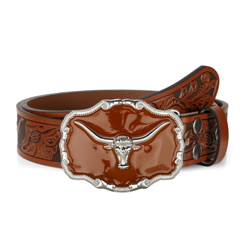 UpFind Western Leather Belts for Men Black Cowboy Longhorn Buckle Belt for Jeans Vintage Floral Embossed Country Belt