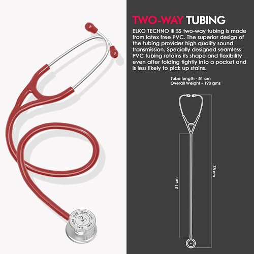 Image of ELKO TECHNO III SS Stainless Steel Stethoscope with ENGRAVING | Engrave Your Name or Initials on the Chest Piece | Lightweight Double-Sided Stainless Steel Chest piece | Two-Way PVC Tubing | Ideal for Doctors & Medical Students (Red)