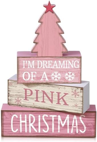 4 Pcs Christmas Table Decoration Wooden Pink Christmas Tree Cente...
