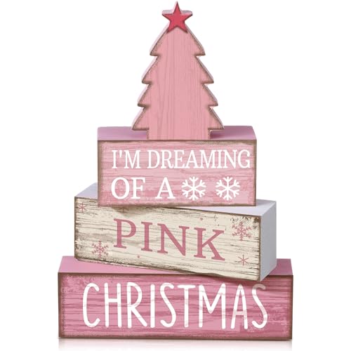 Lineshading 4 Pcs Christmas Table Decoration Wooden Pink Christmas Tree Centerpieces Decor Winter Tiered Tray Decor Rustic Decorative Tree Block Signs Gift Farmhouse Xmas Decoration for Home Kitchen by Lineshading - Used condition - US$12.11