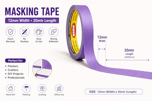 Image of Mario Purple Masking Tape - 20 Meter Length, 12mm Width - Strong Adhesive Tape for DIY, Painting & Repair Work - Residue Free - Pack of 2 Rolls