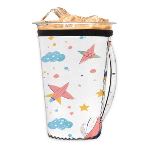 Hand Drawn Soccer Cloud Airplane M Reusable Iced Insulator Coffee Sleeves Neoprene Insulated Sleeves With Handle Coffee Sleeves for Iced Coffee Cups Drinks