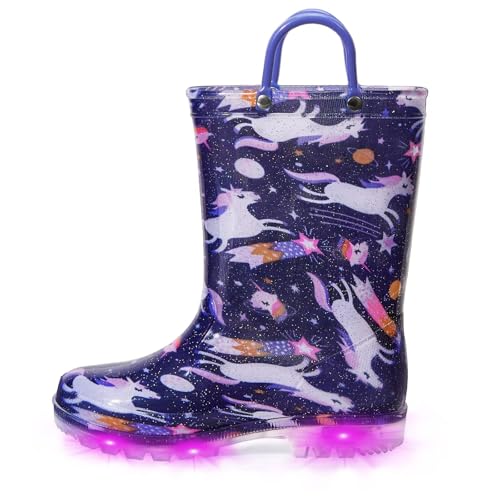 EUXTERPA Light Up Wellies for Boys Girls, Girl Navy Unicorn Kids Welly Boots Children Wellingtons Waterproof Boots with Handle Size 2