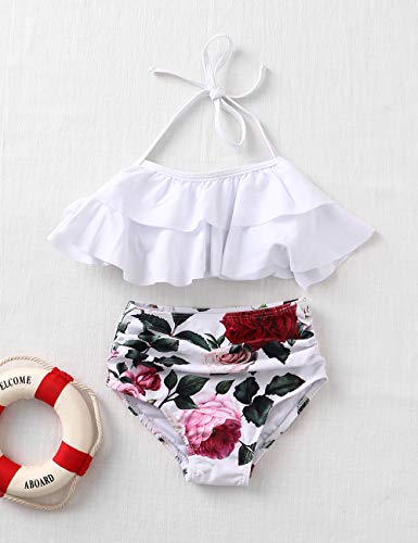 XUNYU Girls Swimsuit Falbala High Waisted Bathing Suit Halter Neck Bikini Swimwear Tankini White 2-3 Years