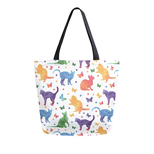 ALAZA Large Canvas Tote Bag Rainbow Cute Cat Butterflies Polka Dot Shopping Shoulder Handbag with Small Zippered Pocket2