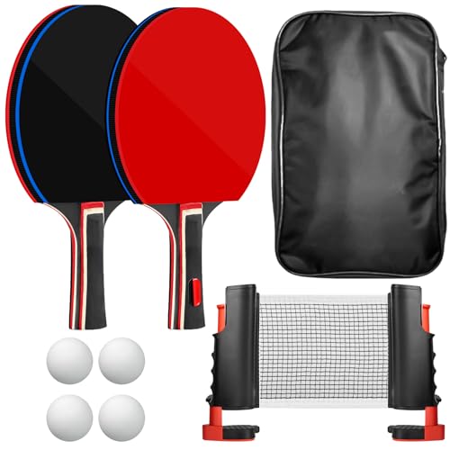 Juego de tenis de mesa, 2 raquetas de ping pong con 4 pelotas de ping pong y 1 bolsa, juego de ping pong de mesa con red, juego profesional de deportes para juegos de interior y exterior