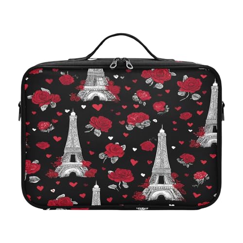 zyrtty Travel Makeup Train Case Eiffel Tower Rose Red Black Cosmetic Organizer Portable Storage Bag with Adjustable Dividers for Cosmetics Brushes Toiletry Jewelry Digital Accessories
