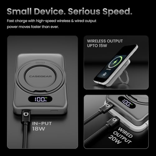Image of CASEGEAR ACE 10000mAh Aluminium Wireless Power Bank Compatible with Magsafe, Strong N54 Magnet, 20W Fast Charging, Compatible with iPhone 12 & Above, Samsung, etc. 360 Rotating Stand, Digital Display