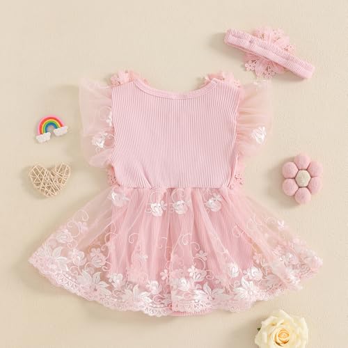 Baby Girl Romper Dress Flower Lace Tulle Dresses with Headband Newborn Photography Birthday Outfits4