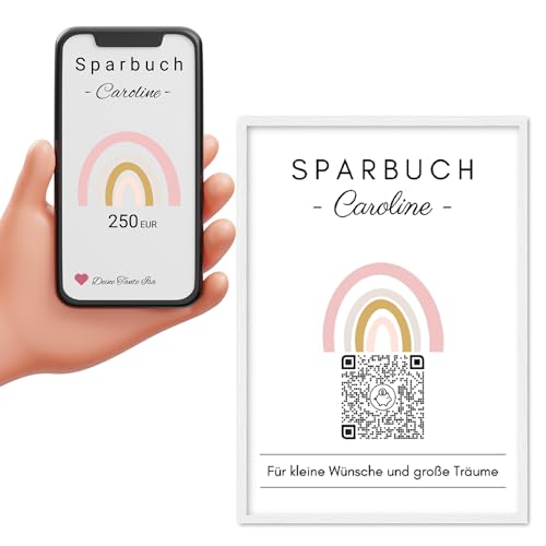 Digitale Spardose | Personalisiertes Geldgeschenk | QrCode Bild | Motiv Regenbogen (10x15 Rahmen Weiss)