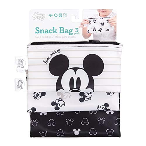 Bumkins - Cloth Snack & Sandwich Bags - For Storage, Travel, Food Prep, Lunch - Reusable, Water Resistant, Washable, Dishwasher Safe - Snack Bags for Kids - Zipper Closure - Love, Mickey - 3 Pack