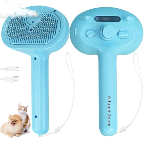 Image of Cat Steam Brush for Shedding, Pet Steam Brush for Dog with Release Button,Anti-Static Pet Spray Hair Removal Comb,Cat Spray Comb for Long & Short Haired Pets,Blue