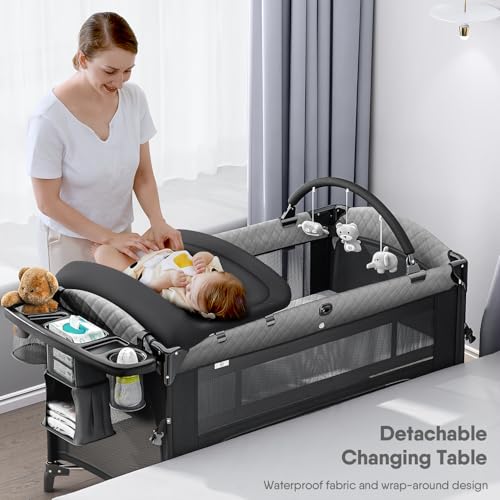 Image of Obee Odee 4 in 1 Baby Bassinet, Pack and Play, Bedside Crib Sleeper, Diaper Changer - Comes with Mattress, Mosquito Net,Bottom Storage and Toy Bar for Newborn to Toddles