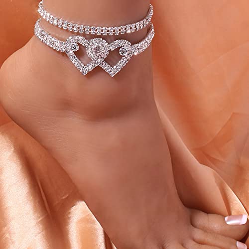 Fesciory Heart Rhinestone Ankle Bracelets for Women, Adjustable Silver Shiny Tennis Anklets, Twinkle Cubic Zircon Diamond Anklet Foot Chain Jewelry Gifts2