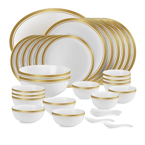 Image of Cello Opalware Divine Gold Lines Dinner Set, 33 Units | Microwave & Dishwasher Safe | Light-Weight & Thermal Resistant | Crockery Set for Dining & Gifting