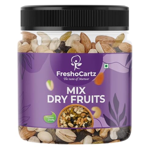 Image of FreshoCartz Mixture of Dried Almonds, Cashew Nuts, Green Raisins, Black Raisins,Walnut Kernels,Apricots,Pistachios | Rich in Nutrients | Dry Fruits Mix - Jar Pack (Mix Dry Fruits, 250g (Pack of 1)