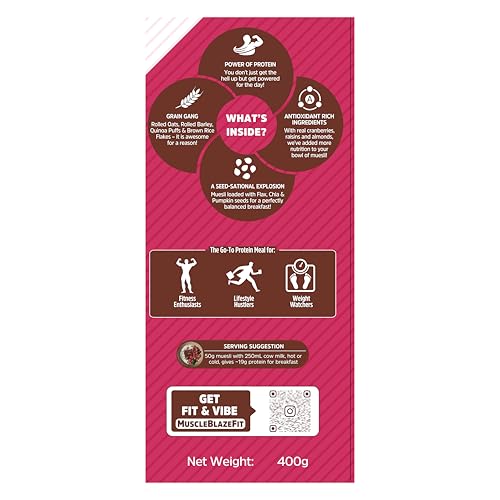 Image of MuscleBlaze Fit High Protein Muesli (400g, Dark Chocolate & Cranberry) | 22g Protein | With Raisins, Almonds & Super Seeds, High Protein Breakfast Cereals