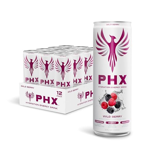 Image of PHX Hydration Energy Drink - 700mg Electrolytes, 200mg Natural Green Tea Caffeine, 100% Daily Value 8 Essential Vitamins - 12 oz Cans (12 Pack, Wild Berry)
