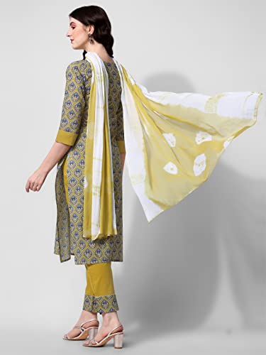 Image of MIRCHI FASHION Pure Cotton Women Straight Print & Thread Embroidery Kurti Set with Dupatta & Pant
