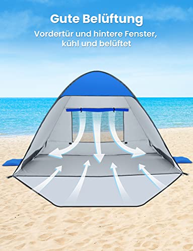 Glymnis Strandmuschel Pop Up Strandzelt Strand Zelt mit Reißverschlusstür UV-Schutz 50+ Windschutz kleines Packmaß Blau Strandzelt