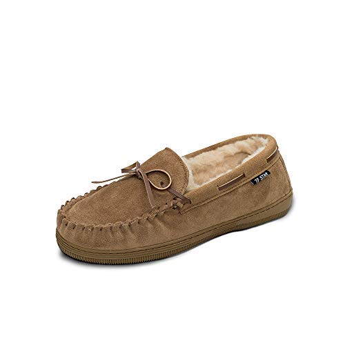 TF STAR Men's Genuine Suede Leather Faux Fur Lined Moccasin Slippers,Classic Flat Slip On Indoor Outdoor Moccasins for Men Tan